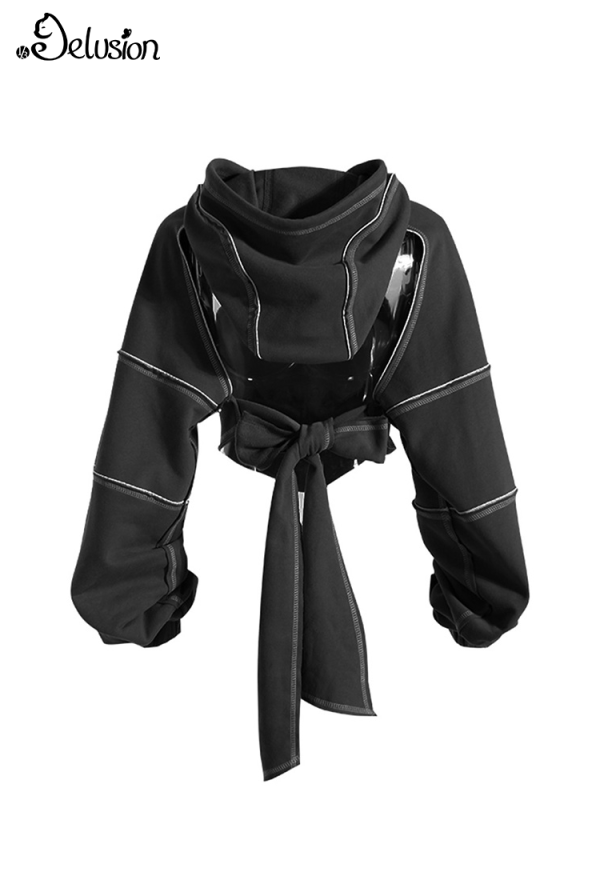 1/3 Delusion Gothic Black Hooded Sweatshirt Cutout Backless Lace-up Short Jacket